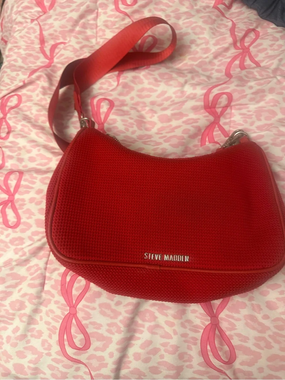 Red Crossbody Saddle Bag with Beaded Front Pocket - Unbranded